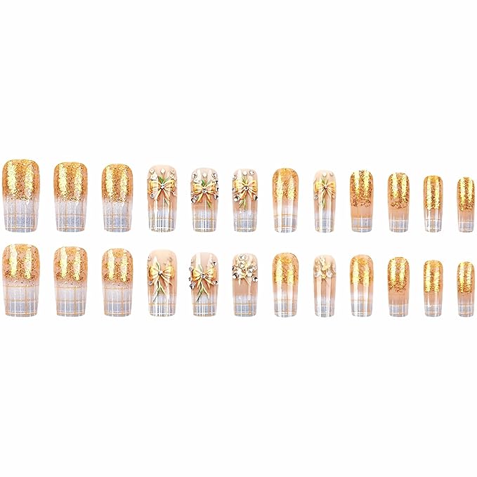 MISUD Press on Nails - Long Square Fake Nails with Bling Gold Glitter, Acrylic Plaid Bow Design 24 pcs