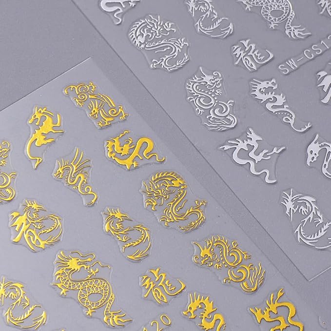3D Gold Silver Dragon Nail Art Stickers for Designs - Bronzing Metallic Decals - Chinese Dragons Nail Supplies