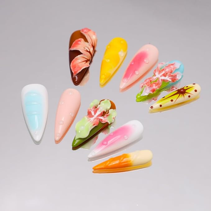 Thick Press on Nails Long Almond Handmade Nails with Glue,Tropical Flower Art Fake Nails with Water Droplet Pattern Designs Reusable Nature Stick on Nail False Nails for Wome (Size M)