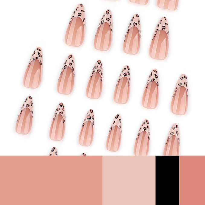 Leopard French Press On Nails 24pcs, Medium Stiletto Nude Fake Nails with Leopard Print Tips, Glossy Acrylic False Nails, Reusable Stick On Nails Kit for Women Girls Manicure