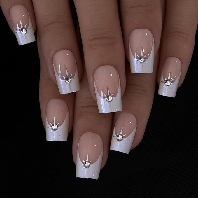 Curvlife Press On Nails – 30PCS Full Cover False Natural Fit Soft Gel Fake Nails Tips, Easy to Apply at Home Glue On False Nails Kit (Pearl French Rhinestones, Long)