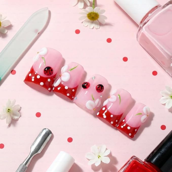 10 Pieces Luxury Acrylic Press On Nails Short Handmade Red Duck Nails,Thickened False French Nails, Three-dimensional Petals And Ladybugs, Reusable Fake Nails, Acrylic Nails (L)