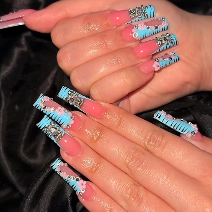 Long Square Press on Nails,Handmade Acrylic Press on Nails with Designs，Long Press on Nail for Women 24pcs