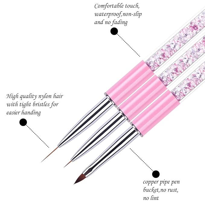 3-Piece Nail Art Brush Set - Rhinestone-Handled Gel Polish & Liner Brushes, 7&15 mm, for Salon & Home DIY Manicure (Pink)