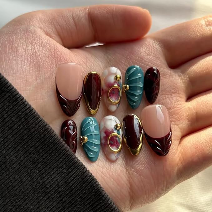 Fall Press On Nails - Handmade GEL Medium Length Almond Fake Nails, Brown Rendering Painting Design, Reusable Artificial Almond False Nails for Women 10 Pcs Acrylic Nails Kit (Size M)