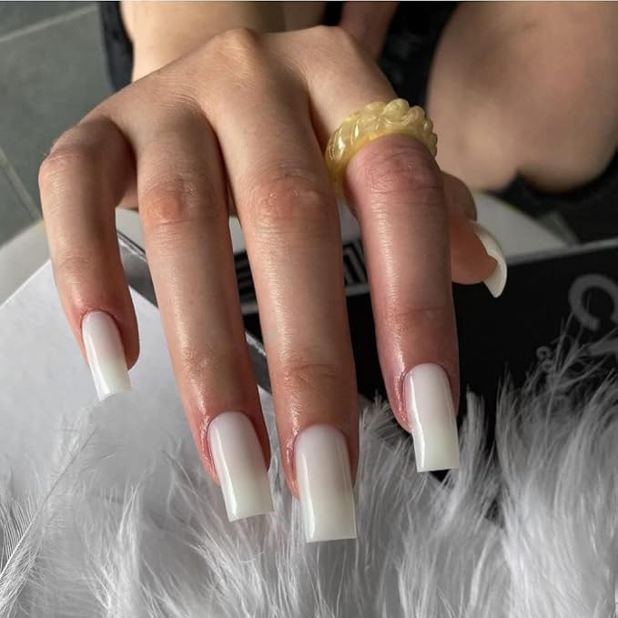 KQueenest White Press on Nails Long Medium Square, Milky White Fake Nails Medium Coffin, Glossy Sheer Color Acrylic Nails Press ons, Reusable Soft Gel Glue on Nails for Women DIY Manicure