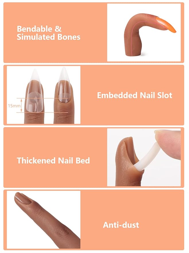 2 Pieces Silicone Practice Fingers for Acrylic Nails, Fake Training Hand Finger Model Flexible Bendable Mannequin Finger, Soft Realistic Joint Nail Practice Fingers with Makeup for Nail Art (Color 5)