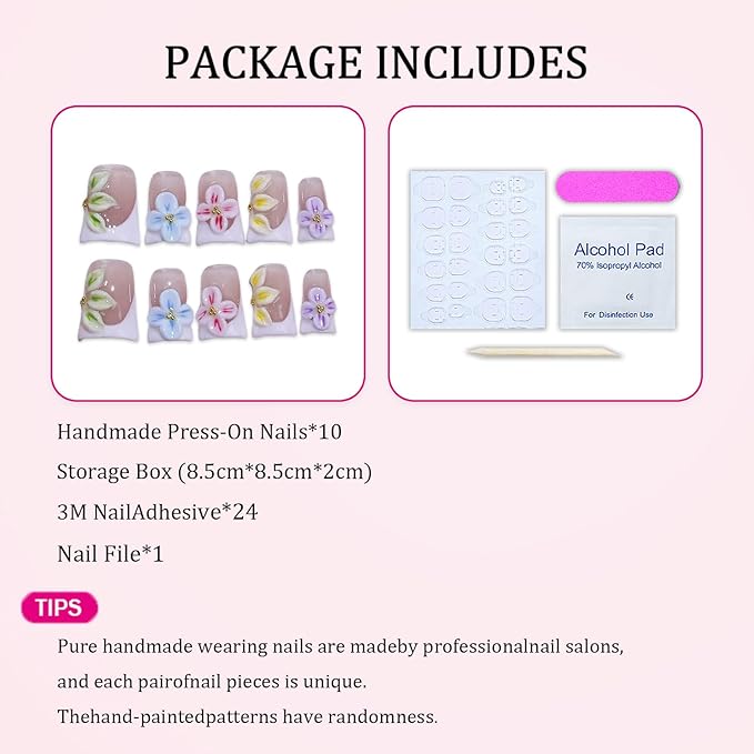 Short Duck Press on Nails Colorful 3D Flower False Nails Designs White French Tip Handmade Press on Nails Full Cover Thick Acrylic and Muti-Layer Stick on Nails for Women Nails Art (S)