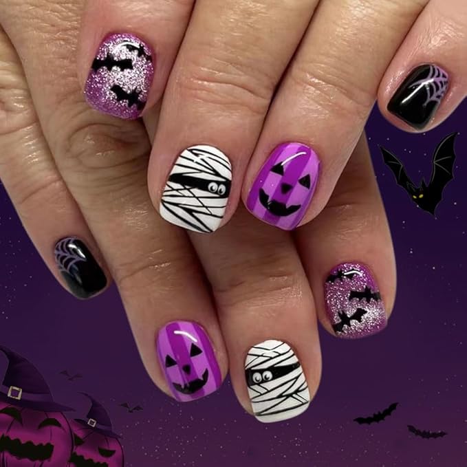 2 Packs 48Pcs Halloween Press on Nails Short Square Fake Nails Ghost Acrylic Nails Pumpkin Bat Designs Glue on Nails Winter Xmas Stick on Nail Kids for Women Girls Manicure Decoration