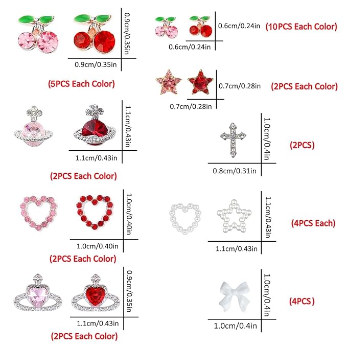 60Pcs Nail Charms Rhinestone Red Pink Cherry Nail Art Gems Star Heart Planet Nail Jewelry Decorations Saturn Shape Acrylic Nail Accessories for Women Girl DIY Crafts Supplies