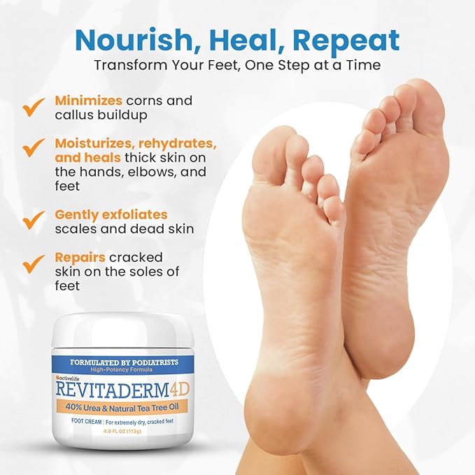 Revitaderm 4D Urea Cream 40% for Feet – Intensive Moisturizing Foot Cream for Dry, Rough & Callused Skin, Fast Absorbing & Fragrance Free, Includes Pumice Stone & Exfoliating Brush, 4 oz, 1 Pack