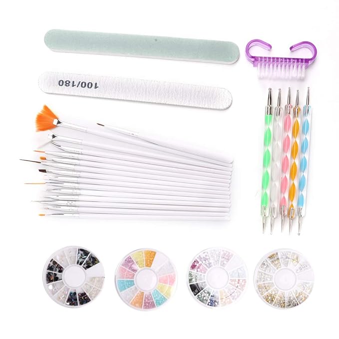 Nail Art Brushes Set, Nail Art Kit, Nail Design Kit with Nail Dotting Tools, Nail File Nail Buffer, Nail Charms and Gems, Rhinestones for Nails, Nail Dust Brush, Nail Design Tools for Home DIY Salon