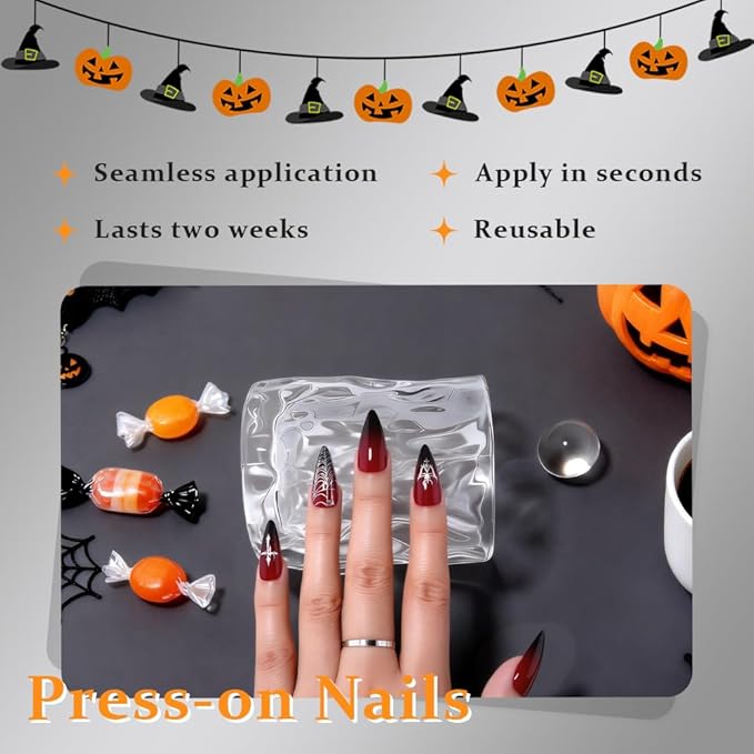 Halloween Ombre Press on Nails Medium Almond with Cobweb Design, Medium Almond Red Black Ombre Artificial Fake Nails with Designs, Perfectly Fit Soft Gel Full Cover Glossy Stick on Nail for Women