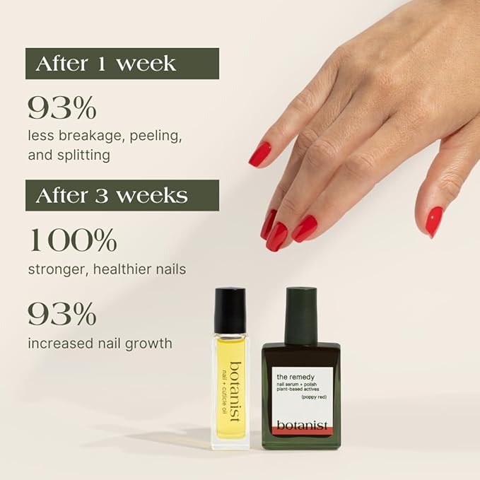Botanist Nail Rescue Kit | Nail Strengthening Polish + Growth Serum | Grow and Strengthen Nails Damaged from Acrylics, Dip, and Gel Manicures | Non-Toxic, 84% Plant Based, 21-Free & Vegan (Poppy Red)
