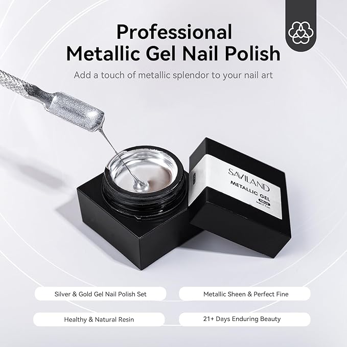 SAVILAND Metallic Gel Nail Polish Set: Silver & Gold Chrome Gel Polish 3D Metal Painting Gels Mirror Nail Polish Soak Off UV LED Chrome 3D Effect Nail Glue Gels for Salon Manicure Home DIY