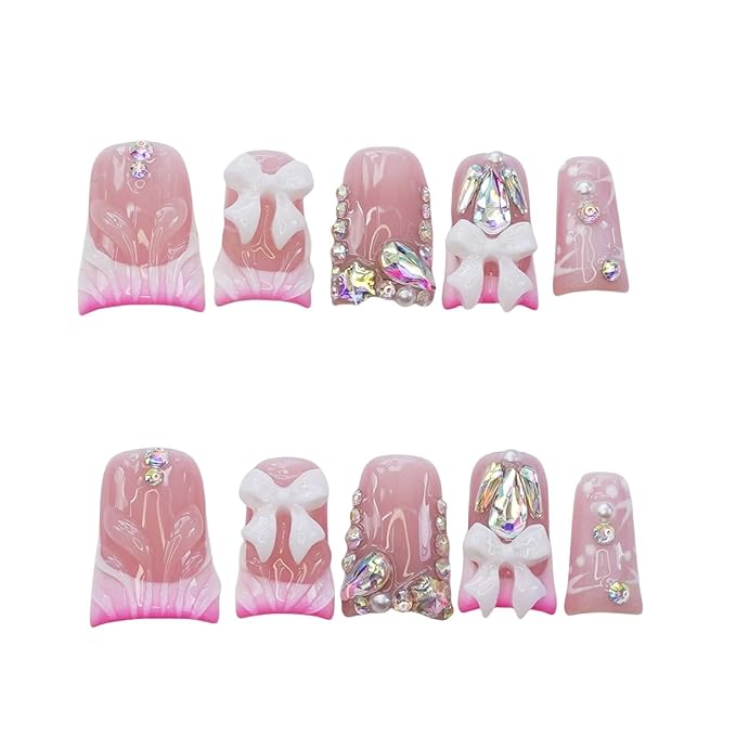 10pcs Handmade Press on Nails Medium Duck Curve Shape – 3D Floral Mushroom Jelly Shell Bow Cherry Chrome Bling Thick Reusable Fake Nails,Boho Y2K Aesthetic Accessories (pink, S)