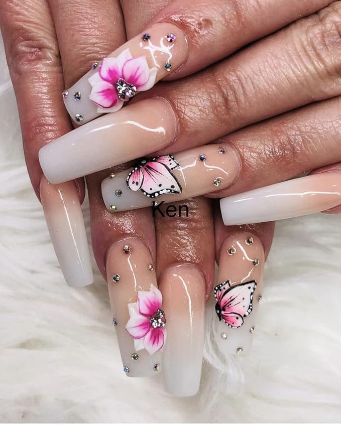 3D Acrylic Flower Nail Art Charms Handmade by Acrylic Powder - 15 colors, 24pcs Flowers Nail Rhinestones Kit 3D Crystal Nail Pearls Flat Design Acrylic Nail Art for Women Girls (Pink)