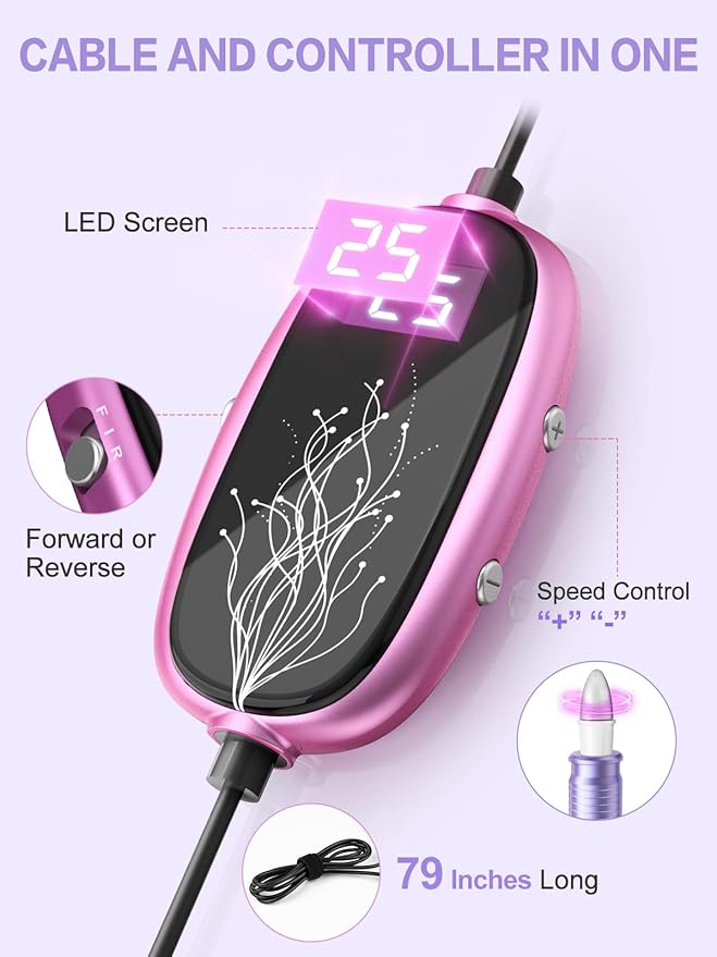 Subay Professional Manicure Pedicure Kit, Electric Nail Drill Set with LED Display, 25000RPM, 11-Piece Attachments Plus 20 Sanding Bands, Nail Grinder Tool for Women Men Baby Pets (3.Purple)