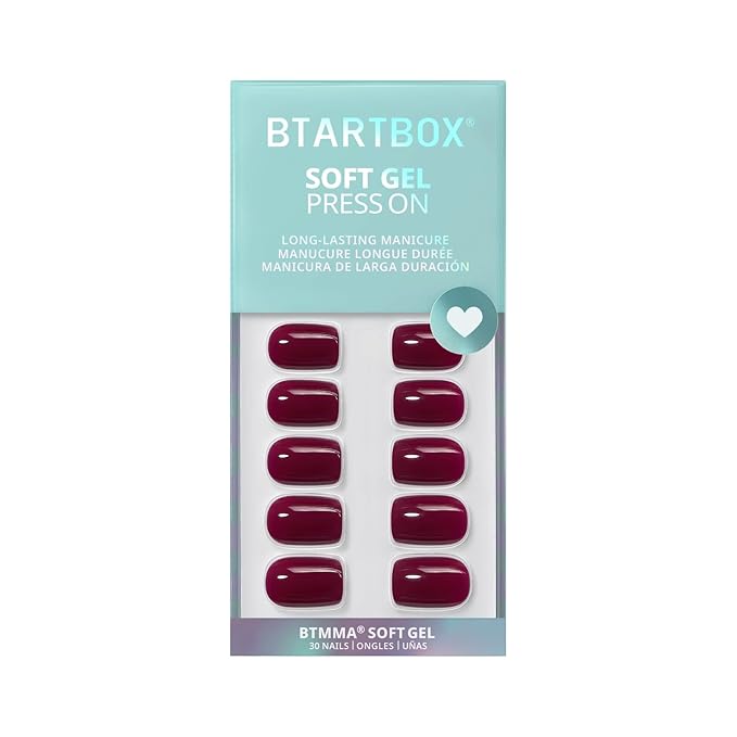BTArtbox Press On Nails Short - Plum Red Squoval Press On Nails with Glue for Women, Opaque Soft Gel Glue On Nails in 15 Sizes - 30 Stick On Nails Kit, Blackberry