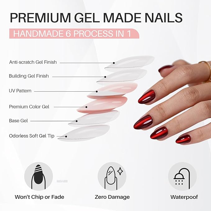 Dark Red Cat Eye Press on Nails Almond - SHANGMENG Soft Gel Valentines Short Press on Nails for Women Gift, Glossy Glue on Nails in 16 Sizes - 32 Reusable Fake Nails Kit with Glue, Wine
