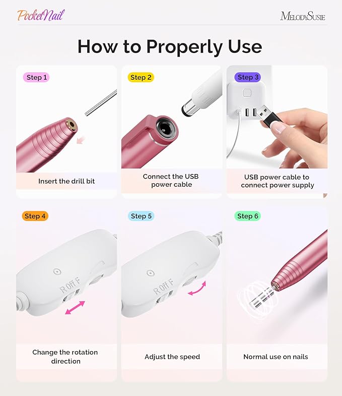MelodySusie PocketNail Slim Ergonomic Pen-Shaped USB Nail Drill, PC100G 20000RPM Portable Electric File for All Manicure, Pedicure Nail Care, Shaping & Gel Removal at Home for Beginners