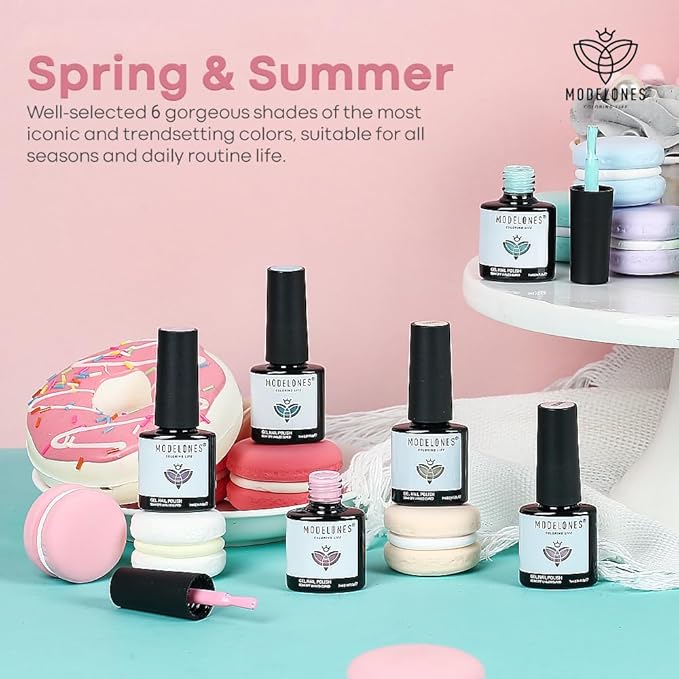 modelones Spring Pastel Gel Nail Polisht, 6 Colors Pink Purple Blue Green Shades Macaron Colors Nail Art Gel Design for Easter Women Girl Nail Lovers Gift Salon DIY