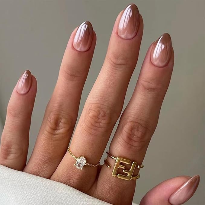 Fall Press on Nails Short Almond Fake Nails Ombre Brown False Nails Press ons with Designs Chrome Acrylic Glossy Full Cover Glue on Nails Cute Artificial Stick on Nail for Women Decoration 24 Pcs