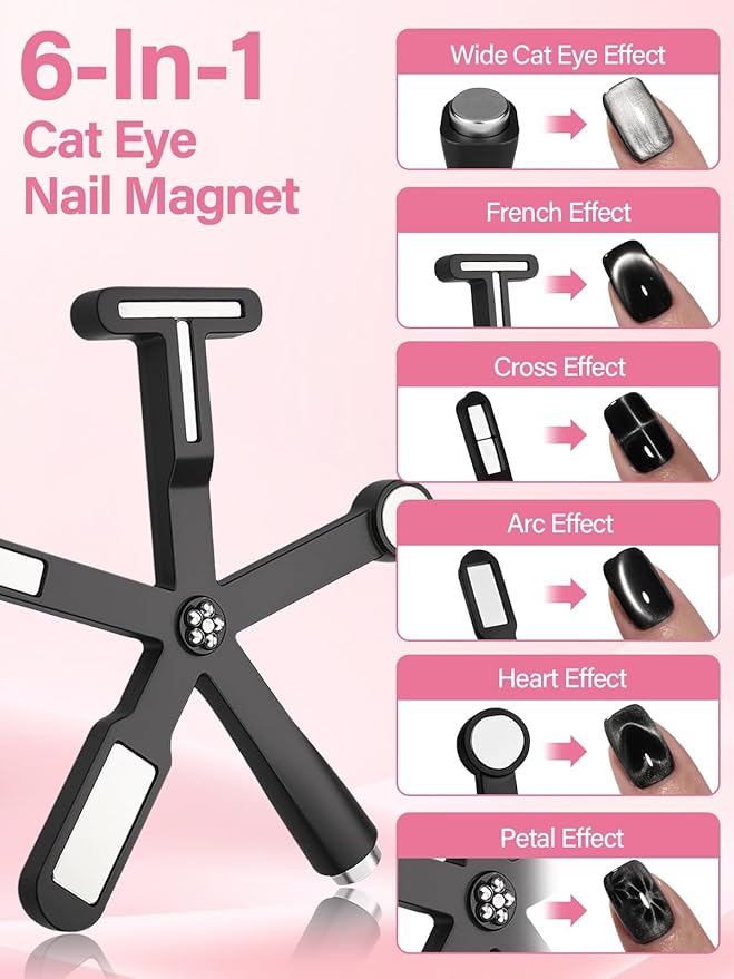EBANKU Cat Eye Magnet Tool Set, 11PCS Cat Eye Gel Nail Polish Magnet Tools , 6 in 1 Cat Eye Nail Magnet Set with Steel Ball Magnetic Pen, Multifunctional French Heart Magnet for Nail Art DIY at Home