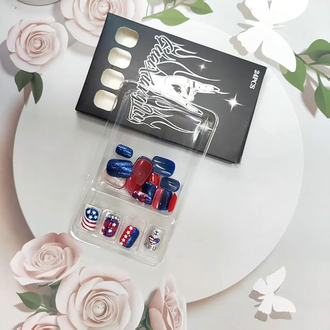 4th of July Press on Nails Short Square Fake Nails Rhinestone Glitter Patriotic False Nail with Star & Heart Designs Full Cover Reusable Stick on Nail Independence Day Glue on Nails for Women