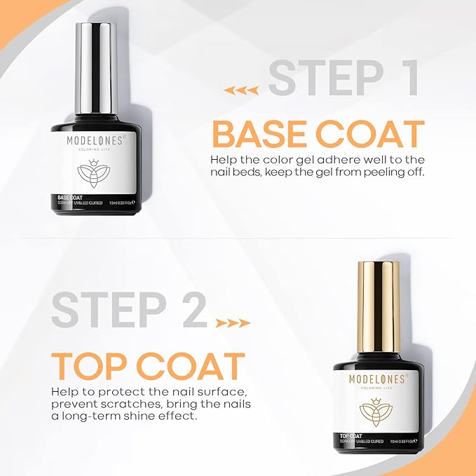 modelones Gel Nail Polish Top Base Coat, 2 PCS Clear High Glossy Long Lasting Soak Off Home Salon DIY Manicure Gift for Women (Pack of 2)