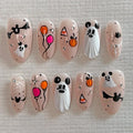 Press On Nails Handmade Medium Length Oval Fake Nails, Painting Cute Ghosts Design,10 Pcs Reusable ABS Material Finger Painting Fingernail Tip Salon Artificial Nails Kit (Size M）
