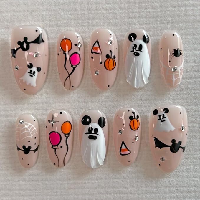 Press On Nails Handmade Medium Length Oval Fake Nails, Painting Cute Ghosts Design,10 Pcs Reusable ABS Material Finger Painting Fingernail Tip Salon Artificial Nails Kit (Size S）