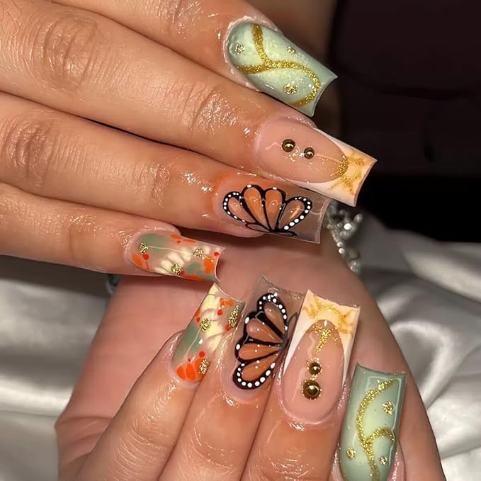 Press on Nails Medium - Square Fake Nails with Butterfly, Gold Stripes Design - Rhinestone, Stick on False Nails for Women 24 Pcs