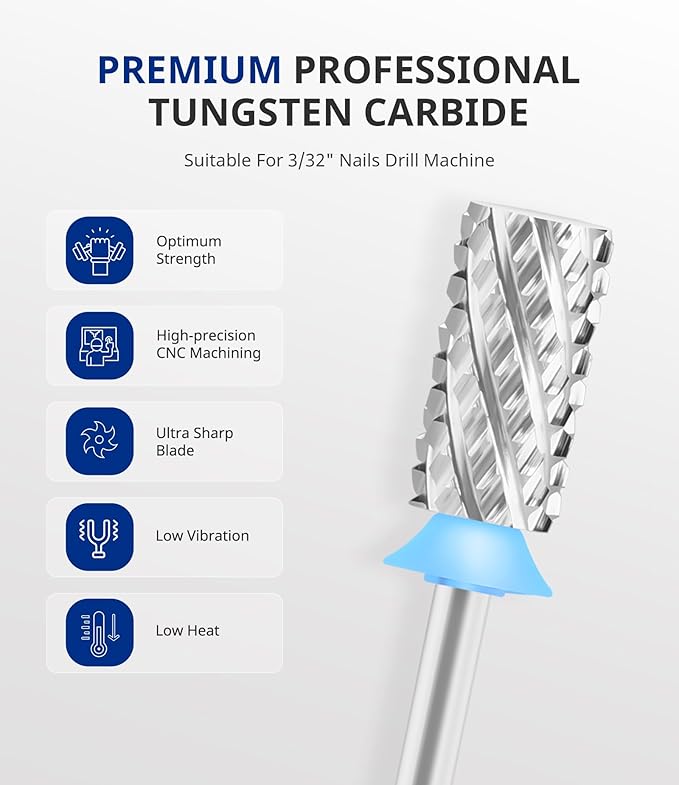AIRSEE Tungsten Carbide Acrylic Nail Drill Bit Efile Electric File Machine Head Tip for Manicure Polishing Art Remove Gel 3/32" 2 Way Professional Tech Flat Top Cylinder Barrel 4X Coarse-4XC