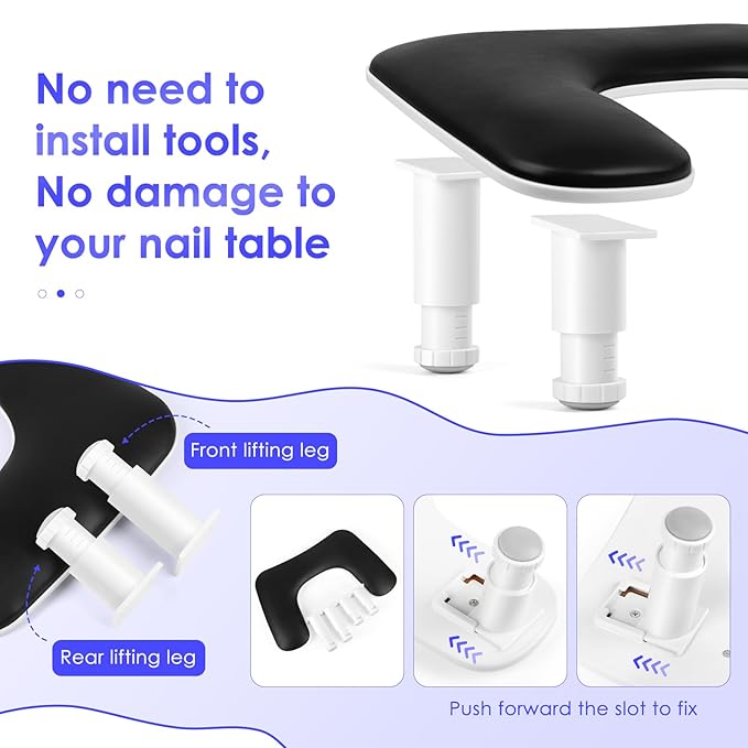 Manicure Arm Rest for Nails Tech: U-shaped Adjustable Nail Armrest - Black PU Leather Hand Stand Rest for Manicurists