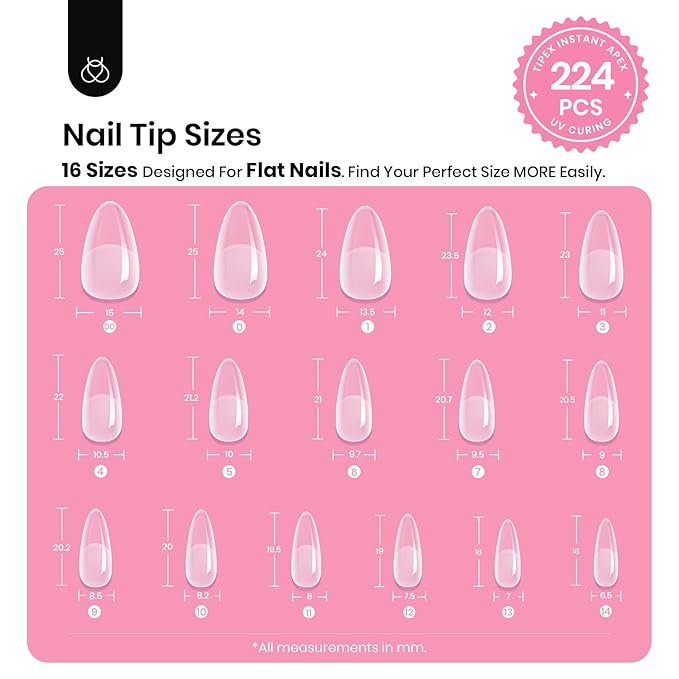Beetles Tipex Nail Tips Kit Almond Medium, 224Pcs 16 Sizes,Pre-building Pre-Etched Strong Thicker Acrylic Tips with Mini U V Lamp Tipex Nail Glue