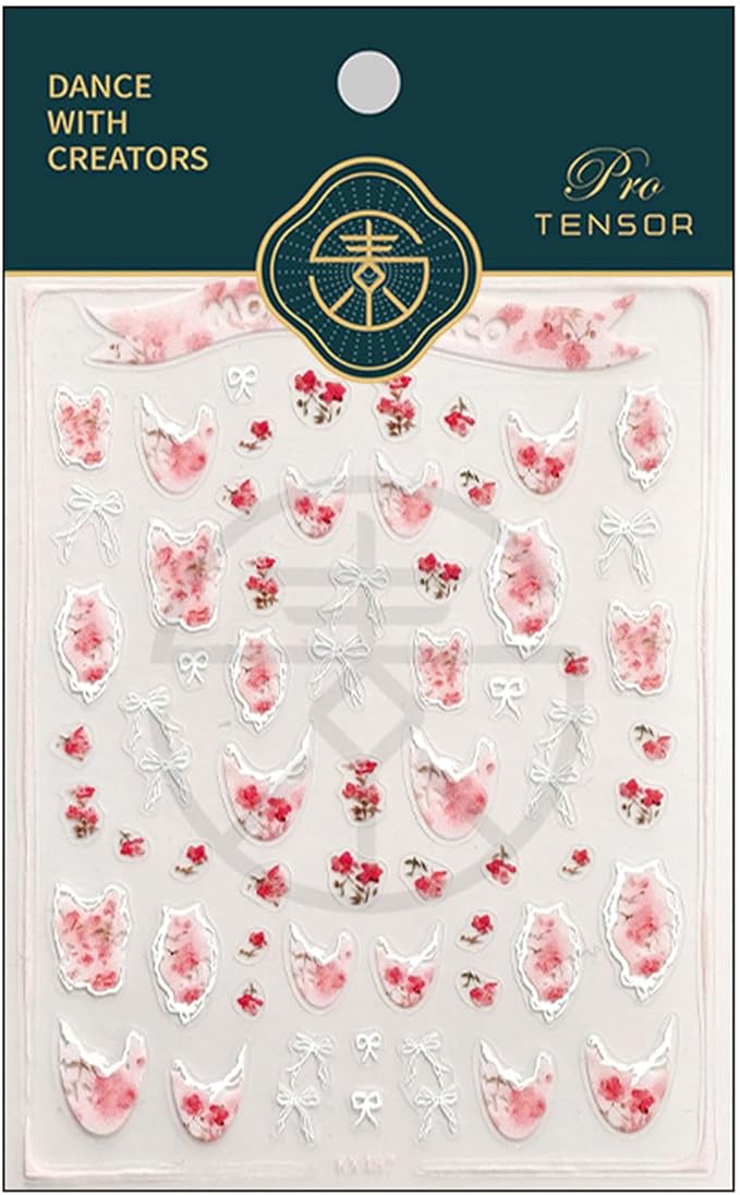 Flower Nail Stickers 5D Embossed White Bow Nail Decals French Tip Design Retro Floral Nails Designs Valentine's Day Nails Supplies for Women Girls DIY Manicure
