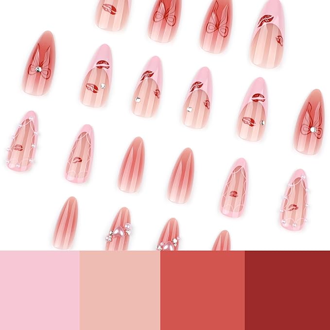 Medium Press on Nails Almond Fake Nails French False Nails Pink Artificial Nails with Pearl Designs Stick on Nails for Women 24pcs