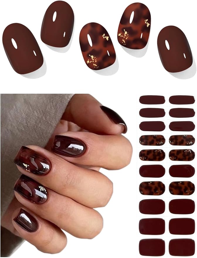 Semi Cured Gel Nail Strips (Dark Brown Amber), 20 Pcs Gel Nail Wraps, Stickers, Salon Quality, Long Lasting, Works with Any UV Lamps