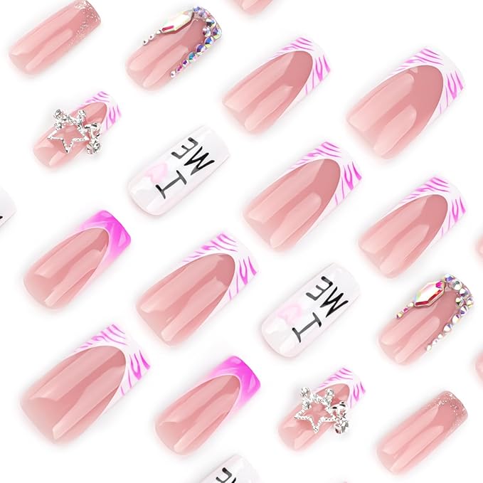 French Tip Press on Nails Medium Square MABKJLF Fake Nails 3D False Nails with Designs Water Ripple Rhinestones Stars Charm Zebra Print Glossy Glue on Nails Acrylic Nails for Women Girls 24 Pcs
