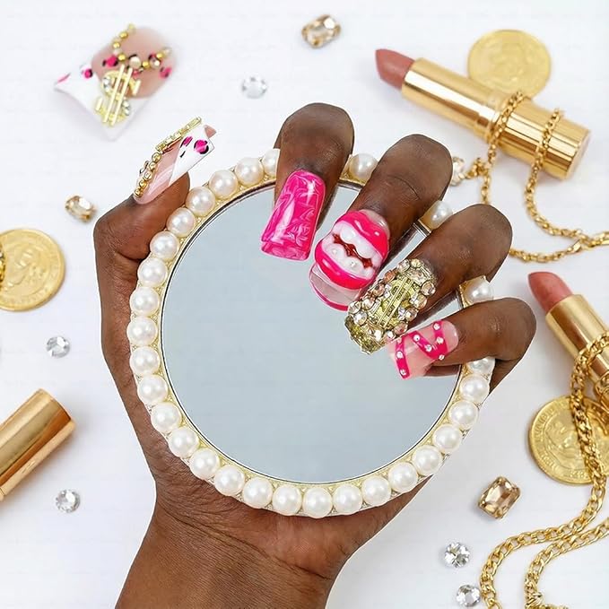 10 Pieces Luxury Acrylic Press On Nails Short Handmade Duck Nails, Pink Thickened False French Nails, Exaggerated Red Lips And The Dollar Sign, Reusable Fake Nails, Acrylic Nails (L)