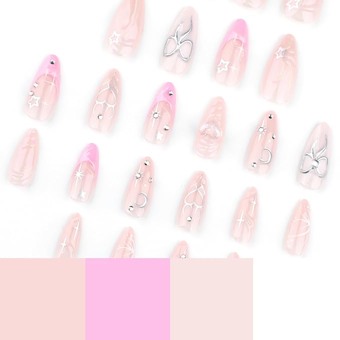 Medium Press on Nails Almond - Pink French Fake Nails with 3D Bow Heart Design - Glossy Full Cover Stick on Nails Press ons - for Women 24 Pcs