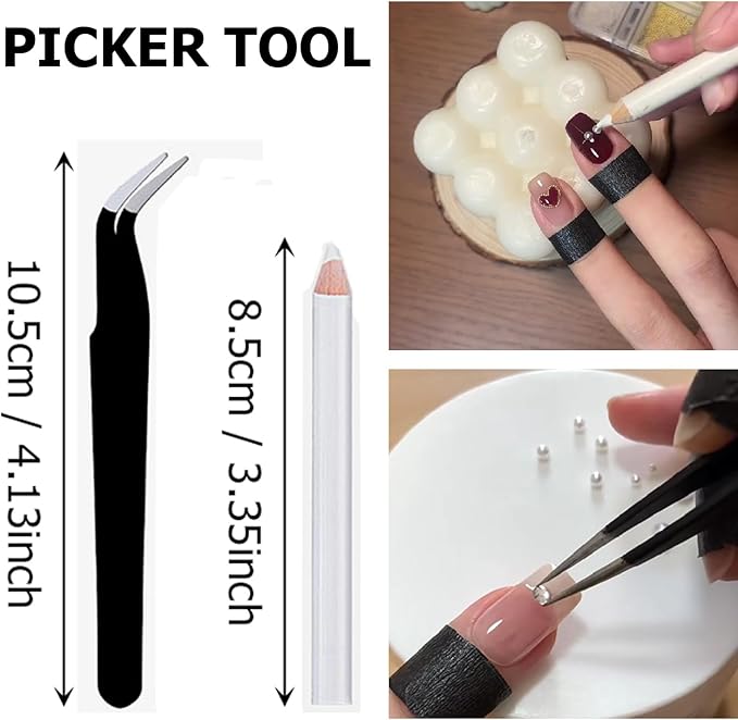 Nail Charms Jewels Manicure Kit with Pickup Pencil and Tweezers, Flatback Rhinestones and Flatback Pearls Nail Gems for Nail Art Face Makeup and Manicure Decor