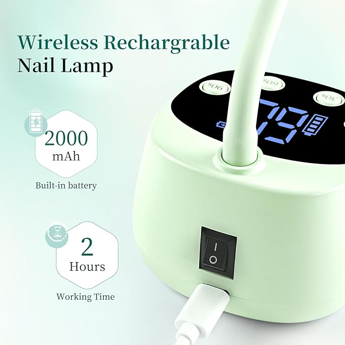 JODSONE Fast Curing U V Nail Lamp - Portable and Flexible Gooseneck Lamp with 360° Adjustable Design, Rechargeable LED Dryer for Gel Polish, Auto Sensor & 4 Timers, Home DIY Manicure Light Mint Green