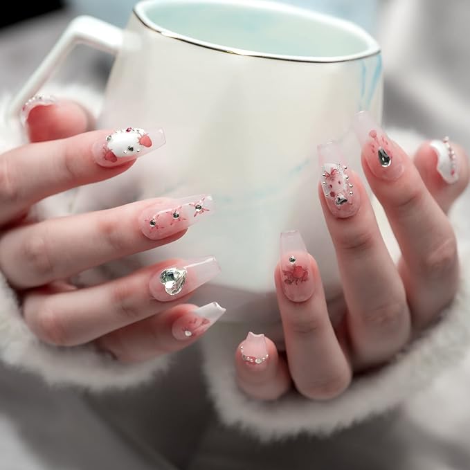 Sun&Beam Nails Handmade Long Coffin Ballerina Pink False Nail Tips with Cute 3D Diamond Popular Charm Design Press On Nails 10 Pcs (#72 XS)