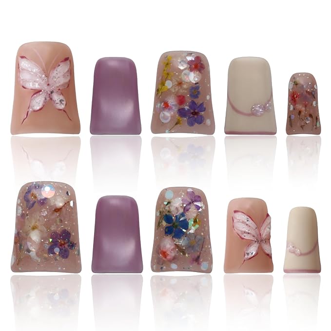Duck Nails Handmade Press On Nails Short 3D Flower Press On Nails Short Pink Cat Eye Nails Real Flowers Women Gifts, 12 PCS, Size L