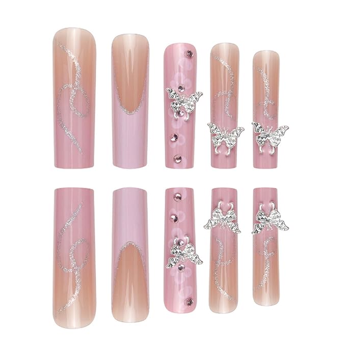 French Press on Nails Pink Fake Acrylic Long Nails Square Flower Full Cover Fake Nails for Women and Girls 24PCS