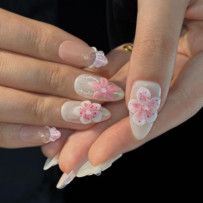 Handmade Press on Nails Medium Almond 3D Unique Fake Nails Pink&White False Nails with Designs Flower Pearls Shell Glossy Glue on Reusable Thick Acrylic Nails 10Pcs(M)