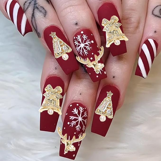 24pcs Luxury Zircon Christmas Nail Charms - 3D Snowflake, Elk, Xmas Tree, Garland Decorations - Gold Art Rhinestones Gems for Nails