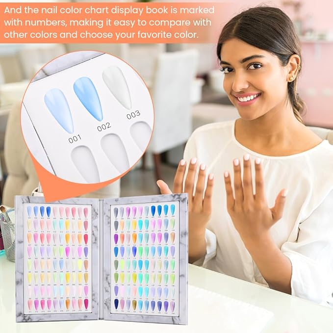 160 Color Nail Display Book with 240 Nail Tips and 1-200 Numbered Labels, Easy to Install, Removable Design, Portable Book Style, Space-Saving for Nail Art